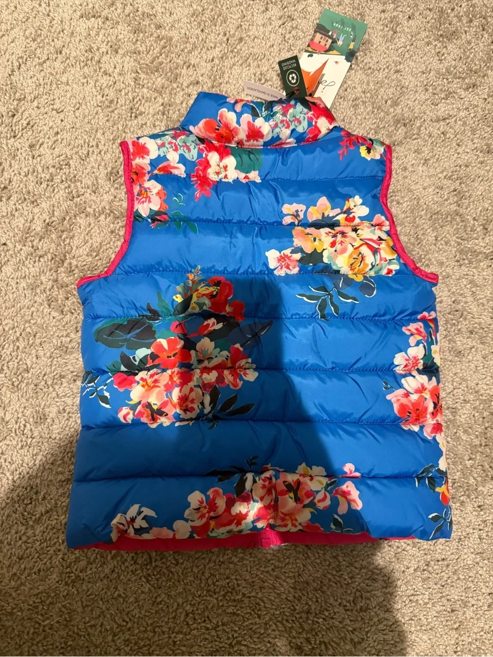 Joules Bright Blue Floral Puffer Vest with Pink Trim